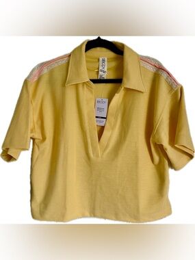 Cotton On Body Yellow Polo V-Neck Short Sleeve Top with Pink Shoulder Detail